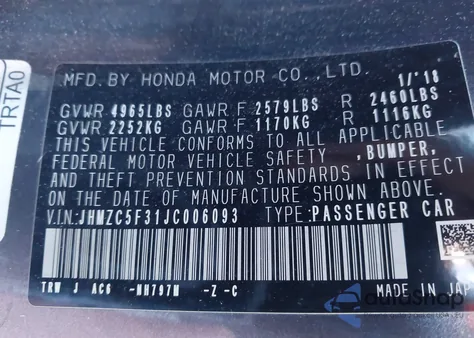 2018 Honda Clarity Plug-In Hybrid Touring z USA, uszkodzony, nr VIN JHMZC5F31JC006093